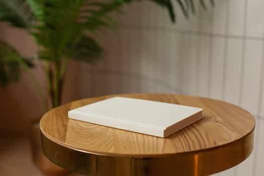 Closed book with clean white hardcover placed on round wooden table in light room with green potted plant on blurred background