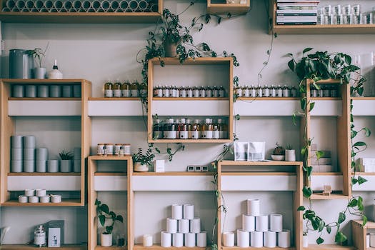 Creative interior design of small shop with wooden shelves full of assorted colorful bottles and green plants