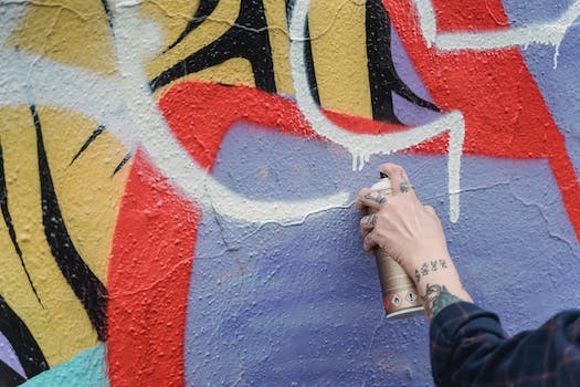 Hand of crop anonymous tattooed person spraying white paint from can on colorful wall while standing on street of city