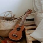 Interior with wooden branches in wicker basket and small guitar near bed