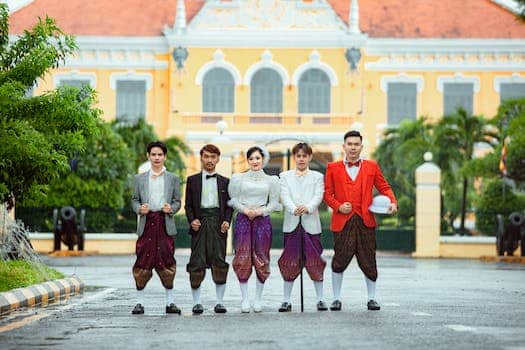 A group of people in traditional clothing standing in front of a building